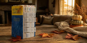 AA Big Book study this fall: tabbed and highlighted Big Book with autumn leaves and pumpkins