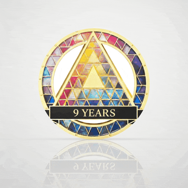 Stained Glass 9 year sobriety chip, digital 3D coin flipping to an engraved back