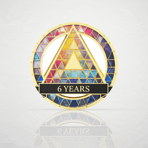 Stained Glass 6 year sobriety chip, digital 3D coin flipping to an engraved back