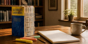 Tabbed AA Big Book on a study desk with highlighters, a notebook and a mug