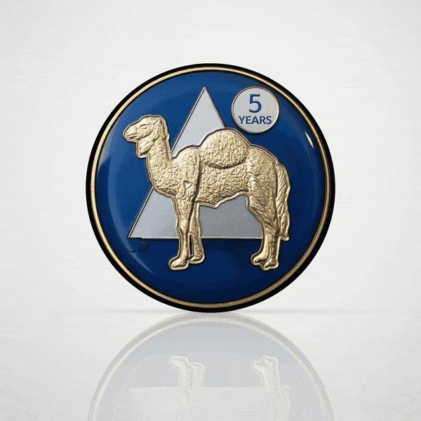 Camel 5 year sobriety chip, digital 3D coin flipping to an engraved back
