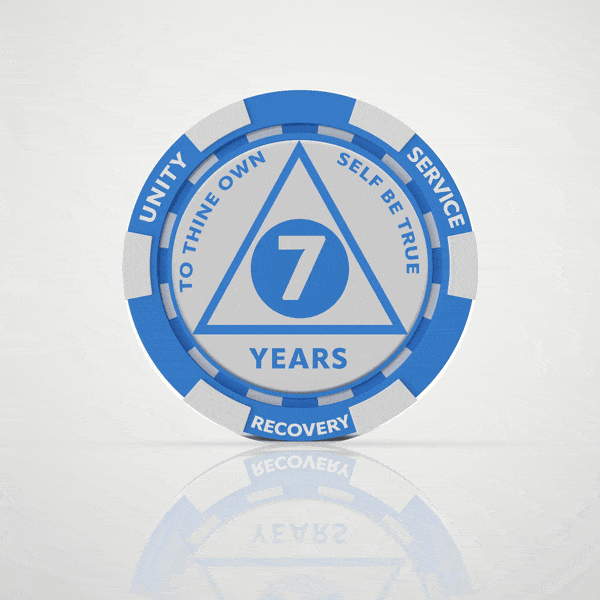Blue Poker Chip 7 year sobriety chip, digital 3D coin flipping to an engraved back