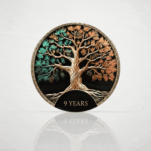Tree of Life 9 year sobriety chip, digital 3D coin flipping to an engraved back