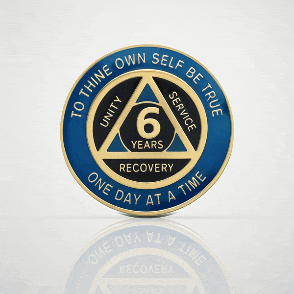 Classic Navy & Gold 6 year sobriety chip, digital 3D coin flipping to an engraved back