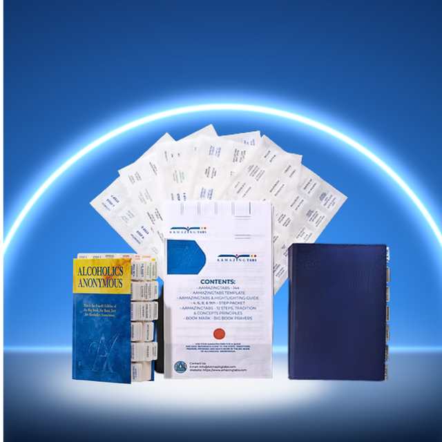 AAmazingtabs Tabs Kit: 144 laminated, pre-labeled tabs shown applied in an AA Big Book