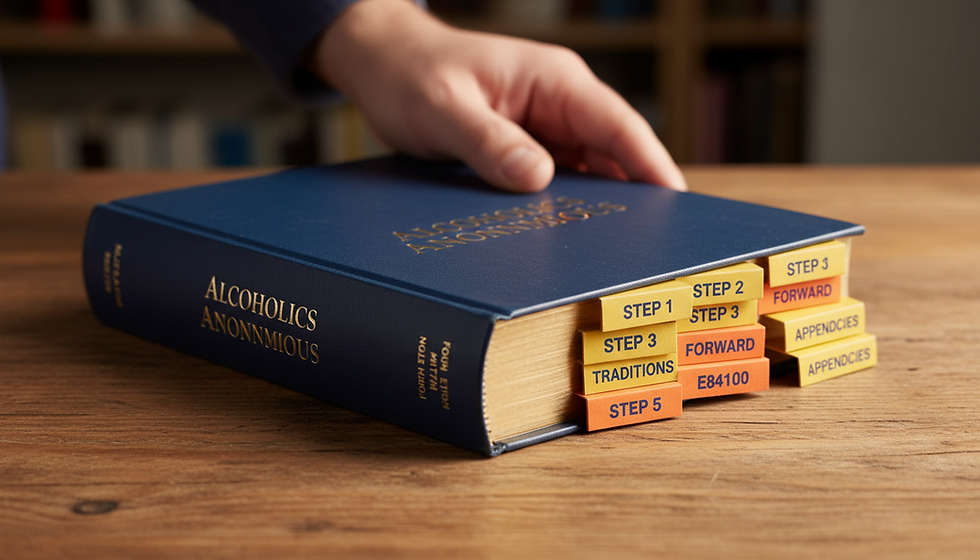 Hand holding a tabbed and highlighted AA Big Book on a wooden table