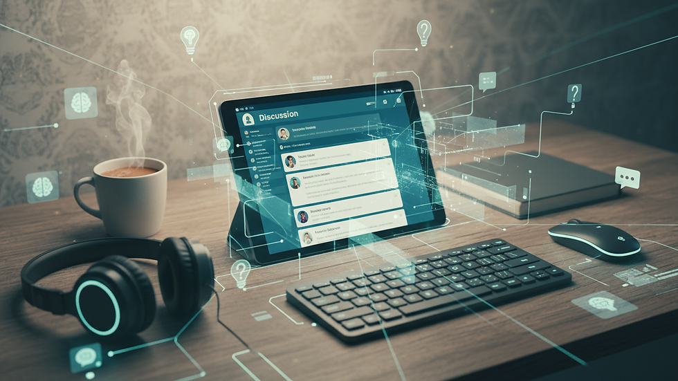High angle view of a cozy workspace with a tablet displaying a discussion forum
