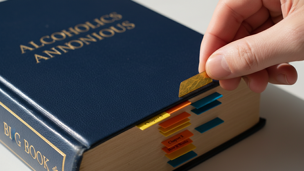 Close-up view of a hand placing a colored tab on a Big Book of Alcoholics Anonymous