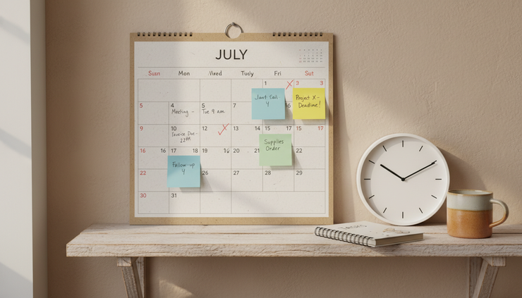 Close-up view of a wall calendar with coloured notes and a pencil