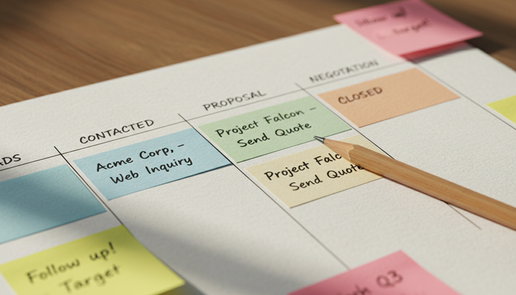 Close-up view of a handwritten sales pipeline on paper beside coloured task cards