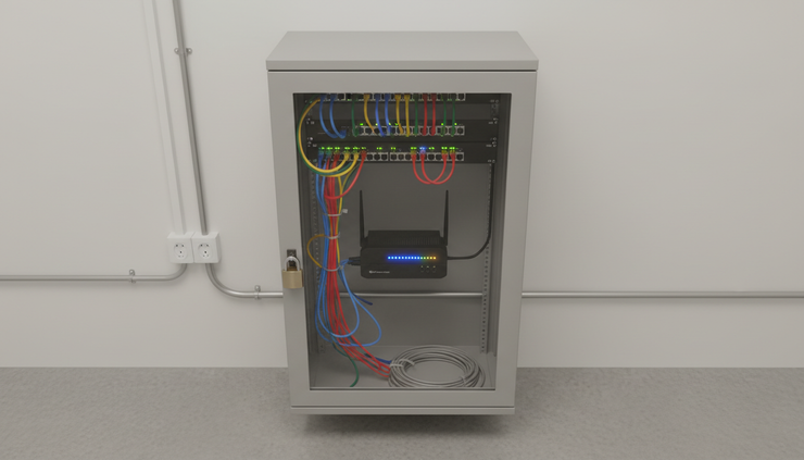 Overhead view of a locked network cabinet with patch cables and status lights