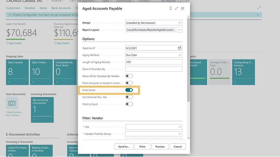 A screenshot showing a step in the process of processing vendor payments in D365 Business Central.
