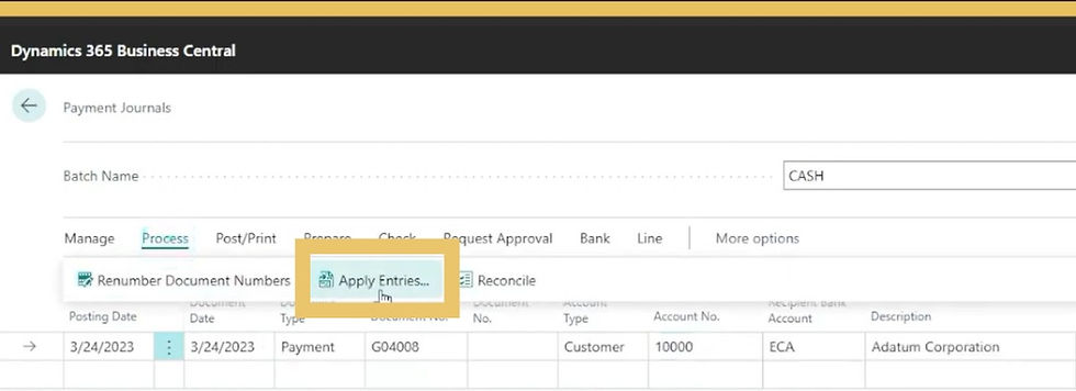 A screenshot of the sales process in Dynamics 365 Business Central.
