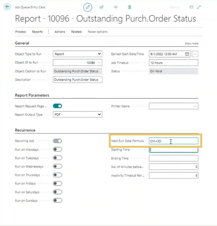 A screenshot of the Outstanding Purchase Order Status Report window showing where to edit the Next Run Date Formula..