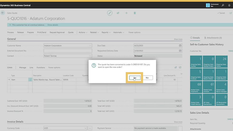 A screenshot of the sales process in Dynamics 365 Business Central.