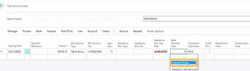 A screenshot showing a step in the process of processing vendor payments in D365 Business Central.