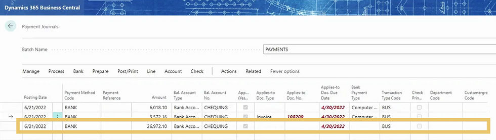 A screenshot showing a step in the process of processing vendor payments in D365 Business Central.