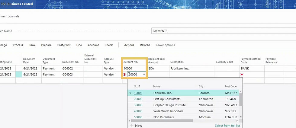 A screenshot showing a step in the process of processing vendor payments in D365 Business Central.