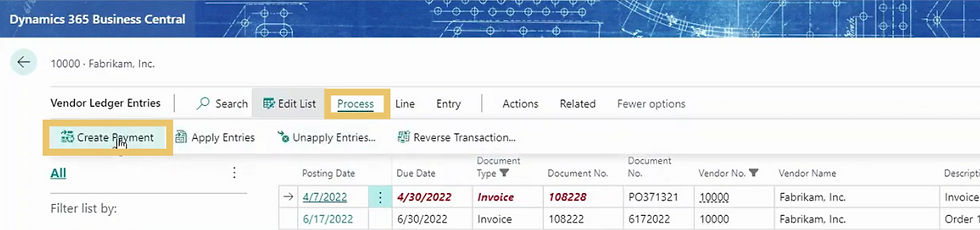 A screenshot showing a step in the process of processing vendor payments in D365 Business Central.