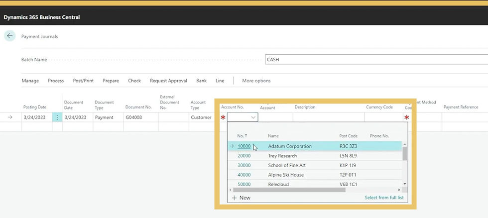 A screenshot of the sales process in Dynamics 365 Business Central.