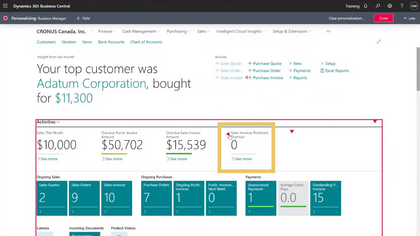 A screenshot of the D365 Business Central home screen. Drag Elements.
