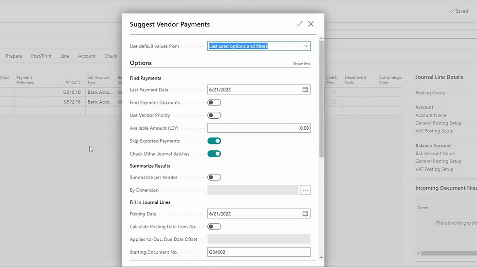 A screenshot showing a step in the process of processing vendor payments in D365 Business Central.