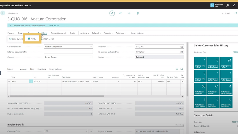 A screenshot of the sales process in Dynamics 365 Business Central.