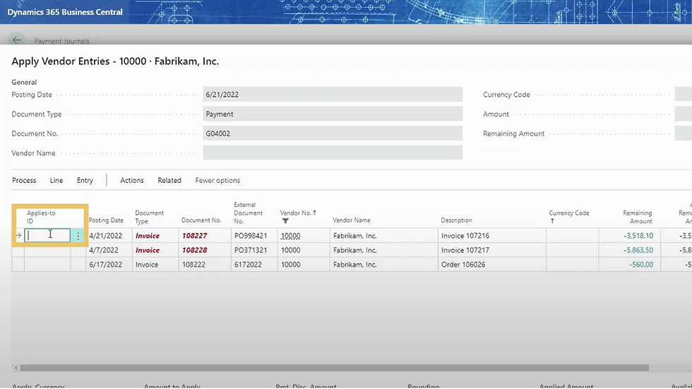 A screenshot showing a step in the process of processing vendor payments in D365 Business Central.