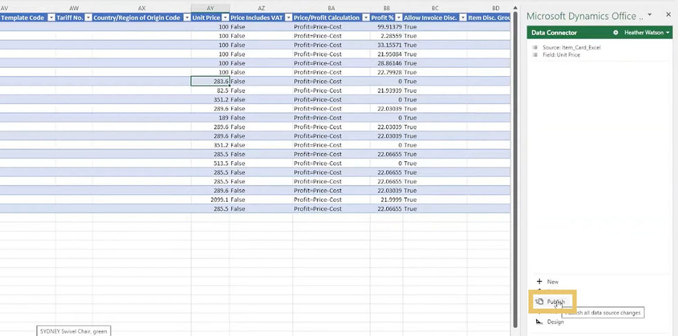 A screenshot of Microsoft Excel showing how to publish the changes back to D365 Business Central.