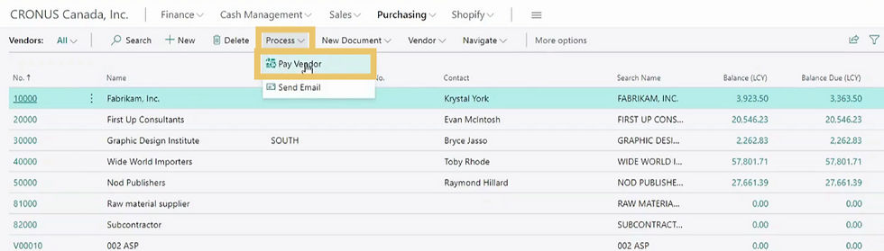 A screenshot showing a step in the process of processing vendor payments in D365 Business Central.