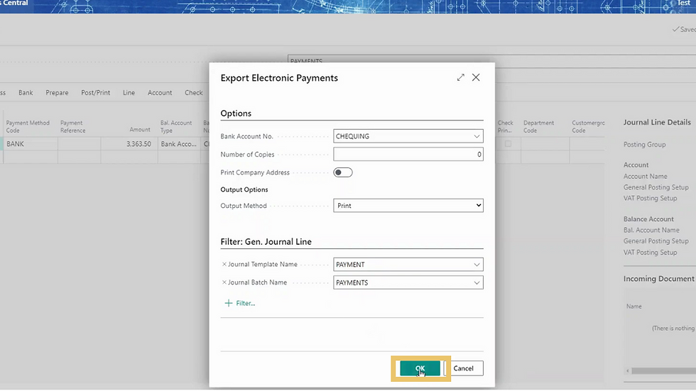 A screenshot showing a step in the process of processing vendor payments in D365 Business Central.