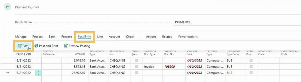 A screenshot showing a step in the process of processing vendor payments in D365 Business Central.