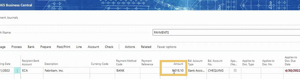 A screenshot showing a step in the process of processing vendor payments in D365 Business Central.