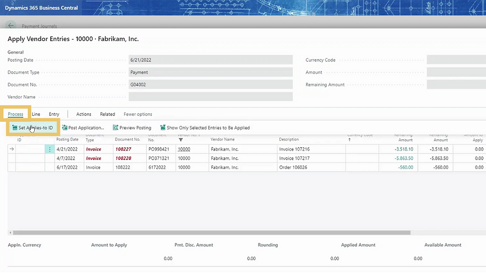 A screenshot showing a step in the process of processing vendor payments in D365 Business Central.