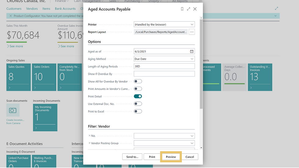 A screenshot showing a step in the process of processing vendor payments in D365 Business Central.