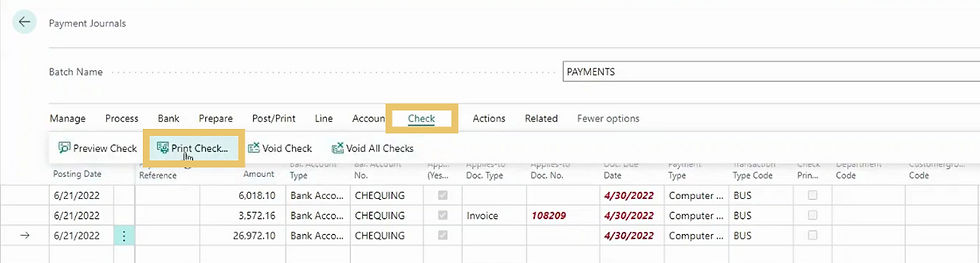 A screenshot showing a step in the process of processing vendor payments in D365 Business Central.