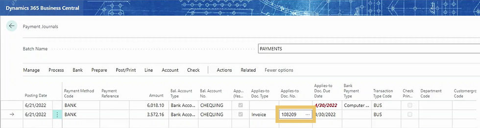 A screenshot showing a step in the process of processing vendor payments in D365 Business Central.