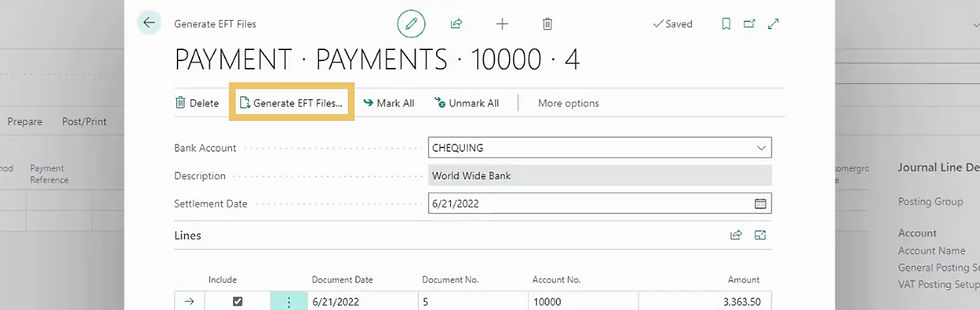 A screenshot showing a step in the process of processing vendor payments in D365 Business Central.