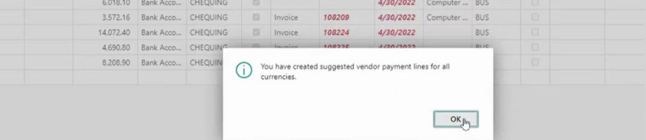 A screenshot showing a step in the process of processing vendor payments in D365 Business Central.