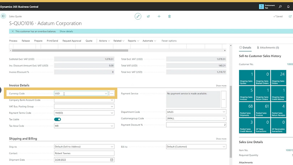 A screenshot of the sales process in Dynamics 365 Business Central.