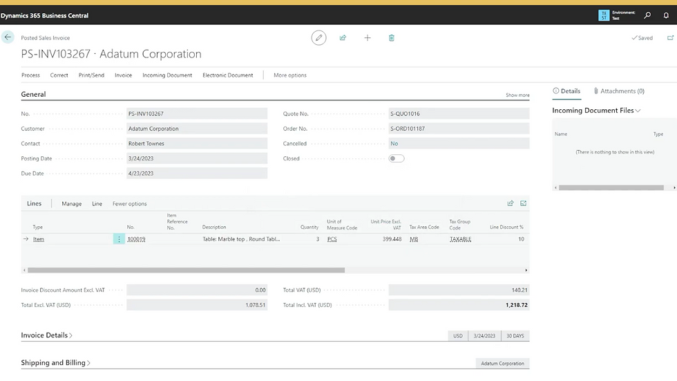 A screenshot of the sales process in Dynamics 365 Business Central.