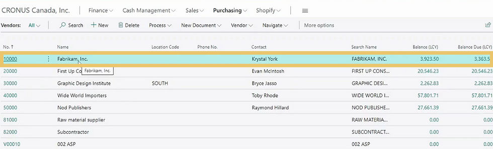A screenshot showing a step in the process of processing vendor payments in D365 Business Central.