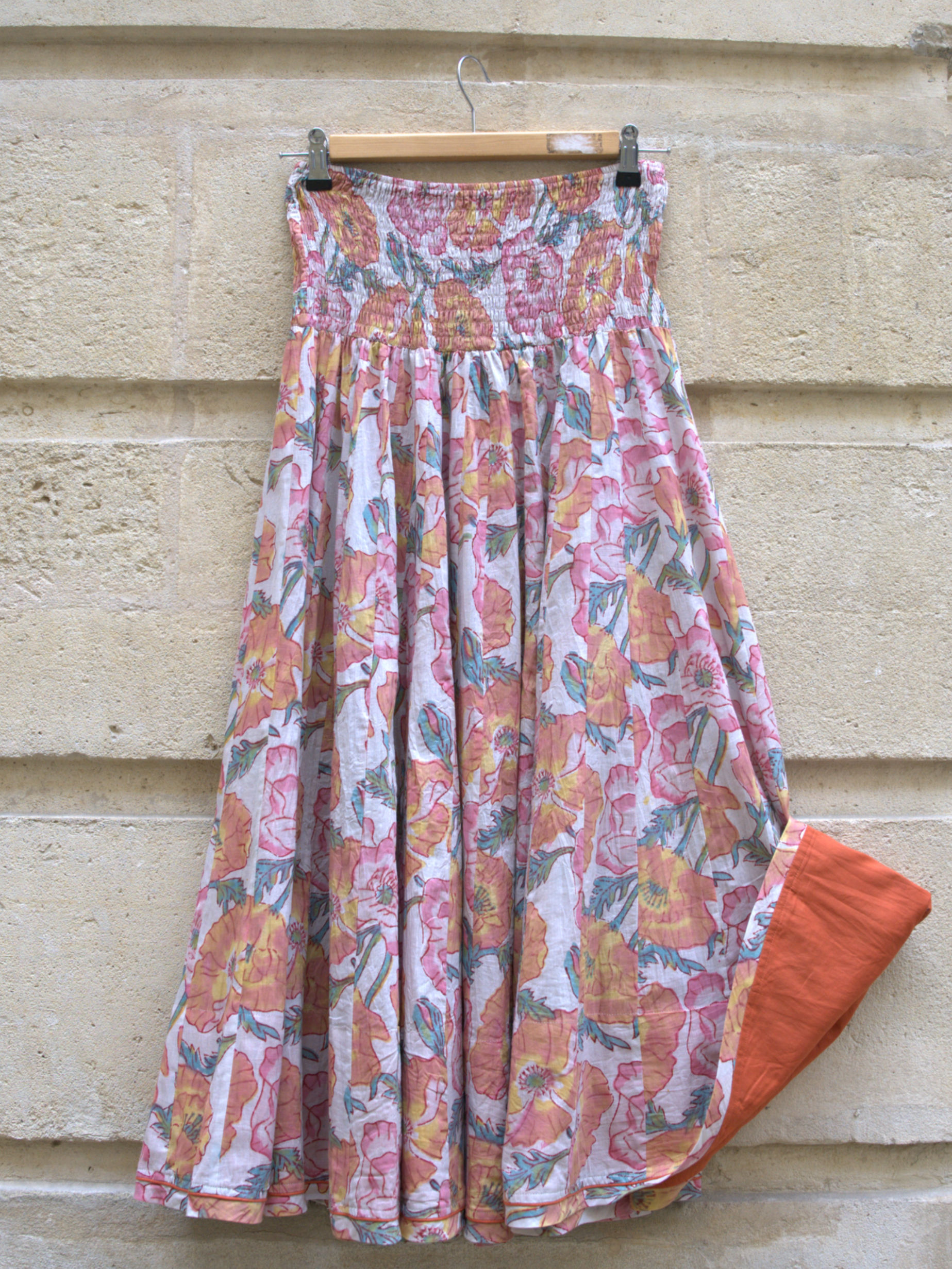 Jupe longue en coton imprimé pavots orange et rose