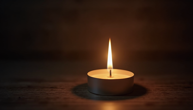 Eye-level view of a single lit candle on a dark wooden table symbolizing remembrance and hope
