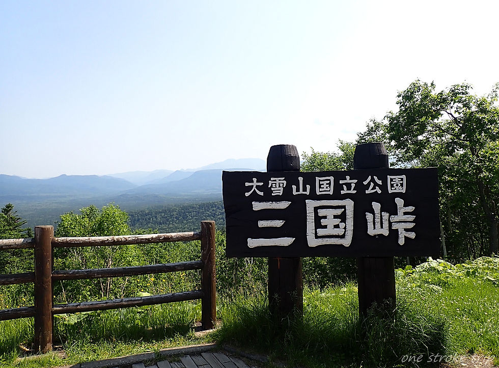 大雪山国立公園の三国峠看板と木柵、緑の山並みと青空が広がる展望地。