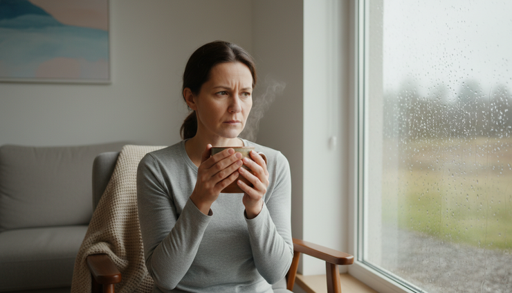 Eye-level view of a person sitting quietly beside a window with a cup of tea.