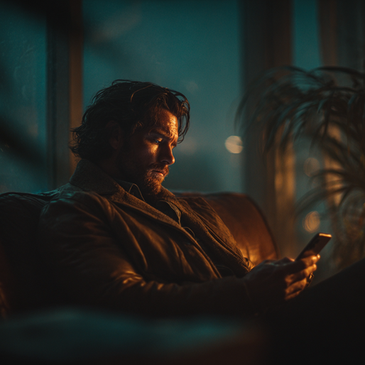 Man on leather sofa reads phone in dimly lit room, surrounded by plants. Warm tones contrast with a cool, urban nightscape. Calm mood.