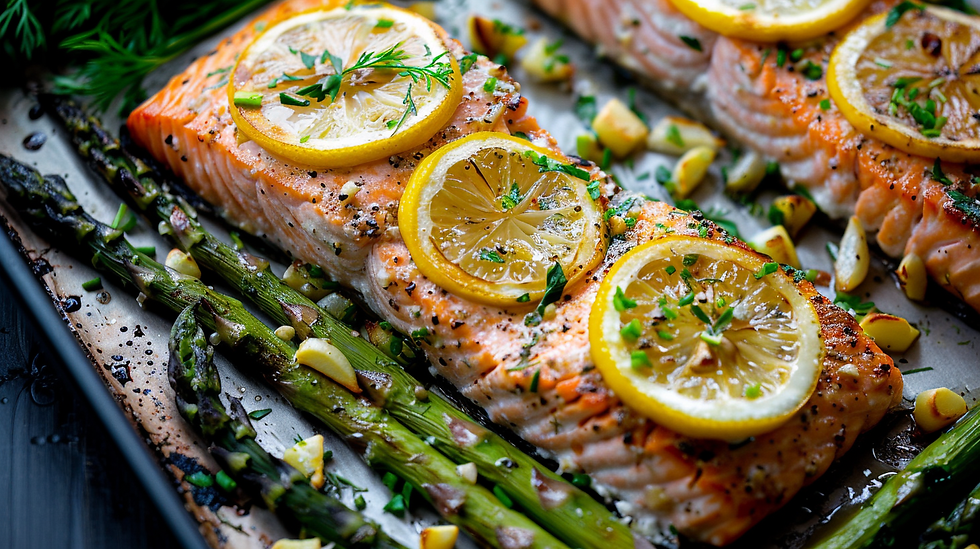 Baked salmon fillets topped with lemon slices, served with asparagus and garlic on a baking tray.
