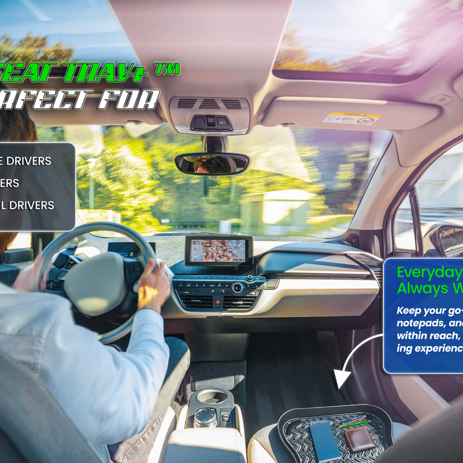 Professional driver using Car Seat Tray Plus to keep essential items organized and within reach, perfect for rideshare