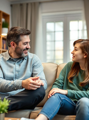 Eye-level view of a cozy family living room with a parent and teen sitting together on a sofa, engaged in conversation